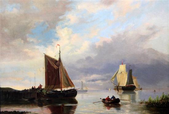 Gerardus Hendriks (Dutch 1804-1859) Sail barges and other shipping along the coast, 17 x 24in.